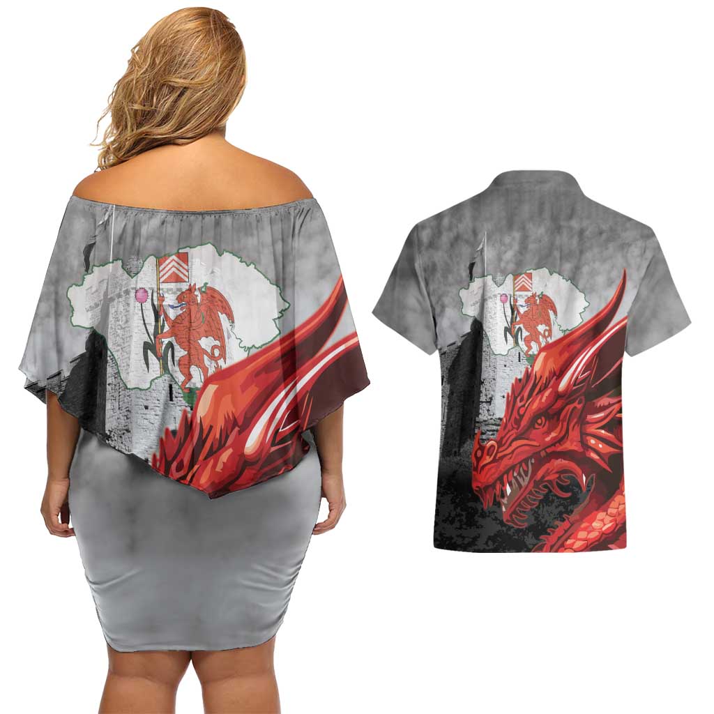 Wales Cardiff Capital Couples Matching Off Shoulder Short Dress and Hawaiian Shirt Welsh Red Dragon Castell Caerdydd - Wonder Print Shop