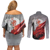Wales Cardiff Capital Couples Matching Off Shoulder Short Dress and Long Sleeve Button Shirt Welsh Red Dragon Castell Caerdydd - Wonder Print Shop