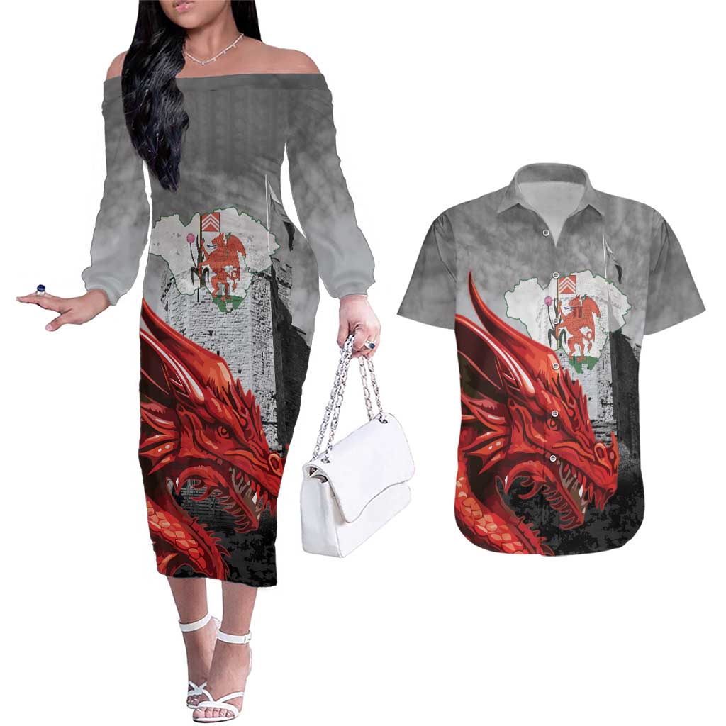 Wales Cardiff Capital Couples Matching Off The Shoulder Long Sleeve Dress and Hawaiian Shirt Welsh Red Dragon Castell Caerdydd - Wonder Print Shop