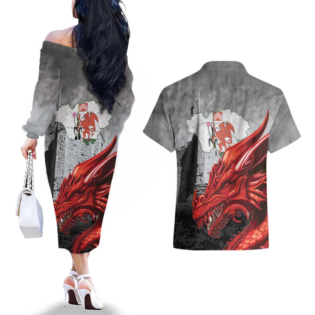 Wales Cardiff Capital Couples Matching Off The Shoulder Long Sleeve Dress and Hawaiian Shirt Welsh Red Dragon Castell Caerdydd - Wonder Print Shop