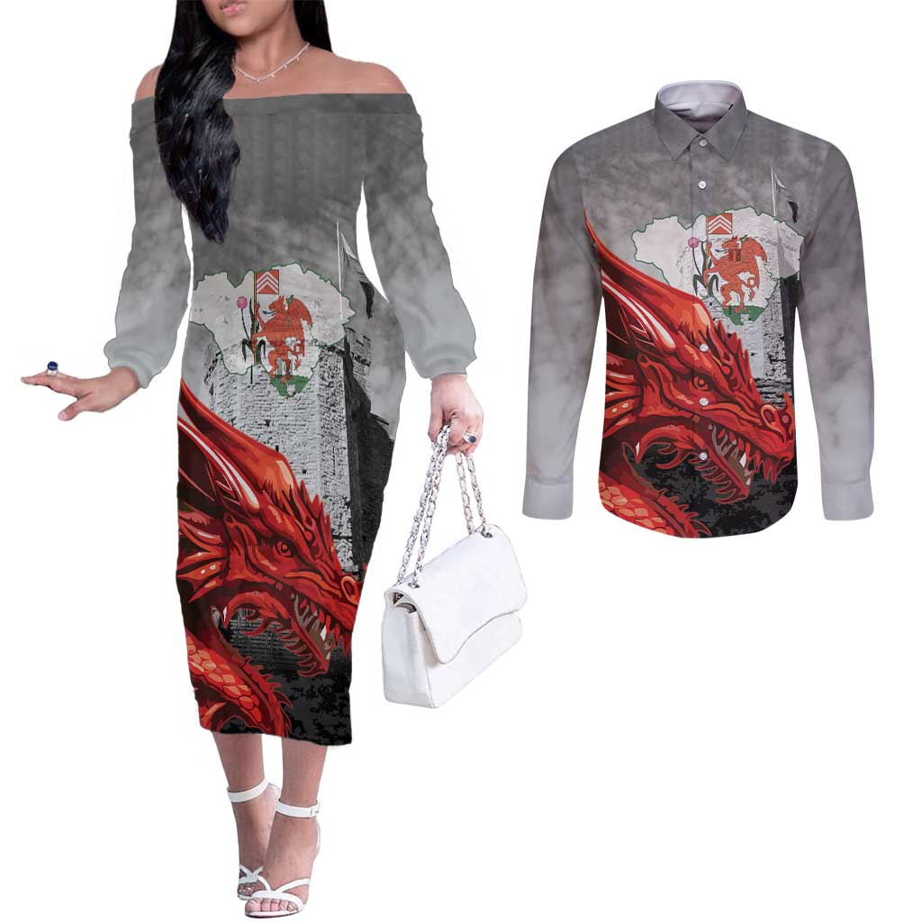 Wales Cardiff Capital Couples Matching Off The Shoulder Long Sleeve Dress and Long Sleeve Button Shirt Welsh Red Dragon Castell Caerdydd - Wonder Print Shop