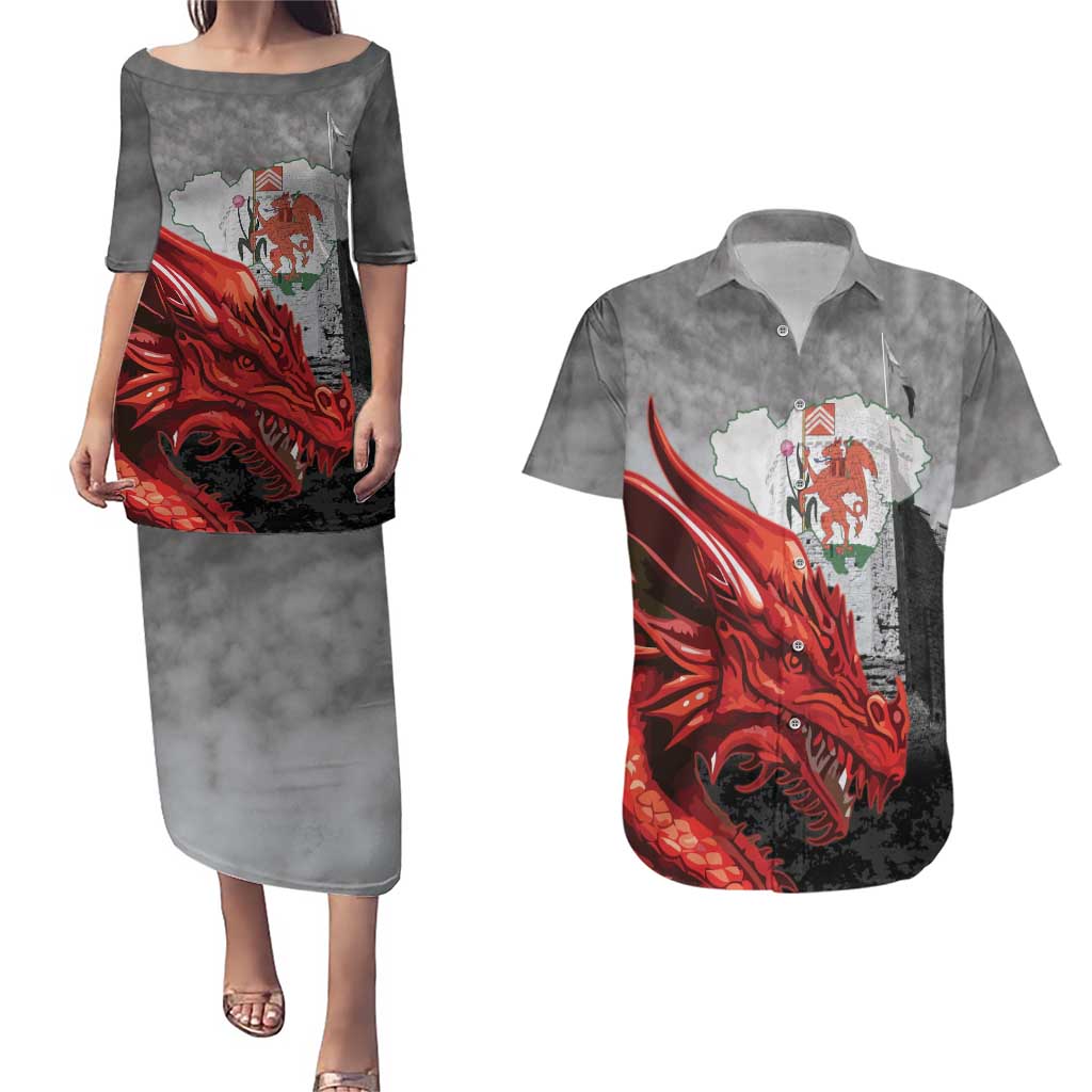 Wales Cardiff Capital Couples Matching Puletasi and Hawaiian Shirt Welsh Red Dragon Castell Caerdydd - Wonder Print Shop