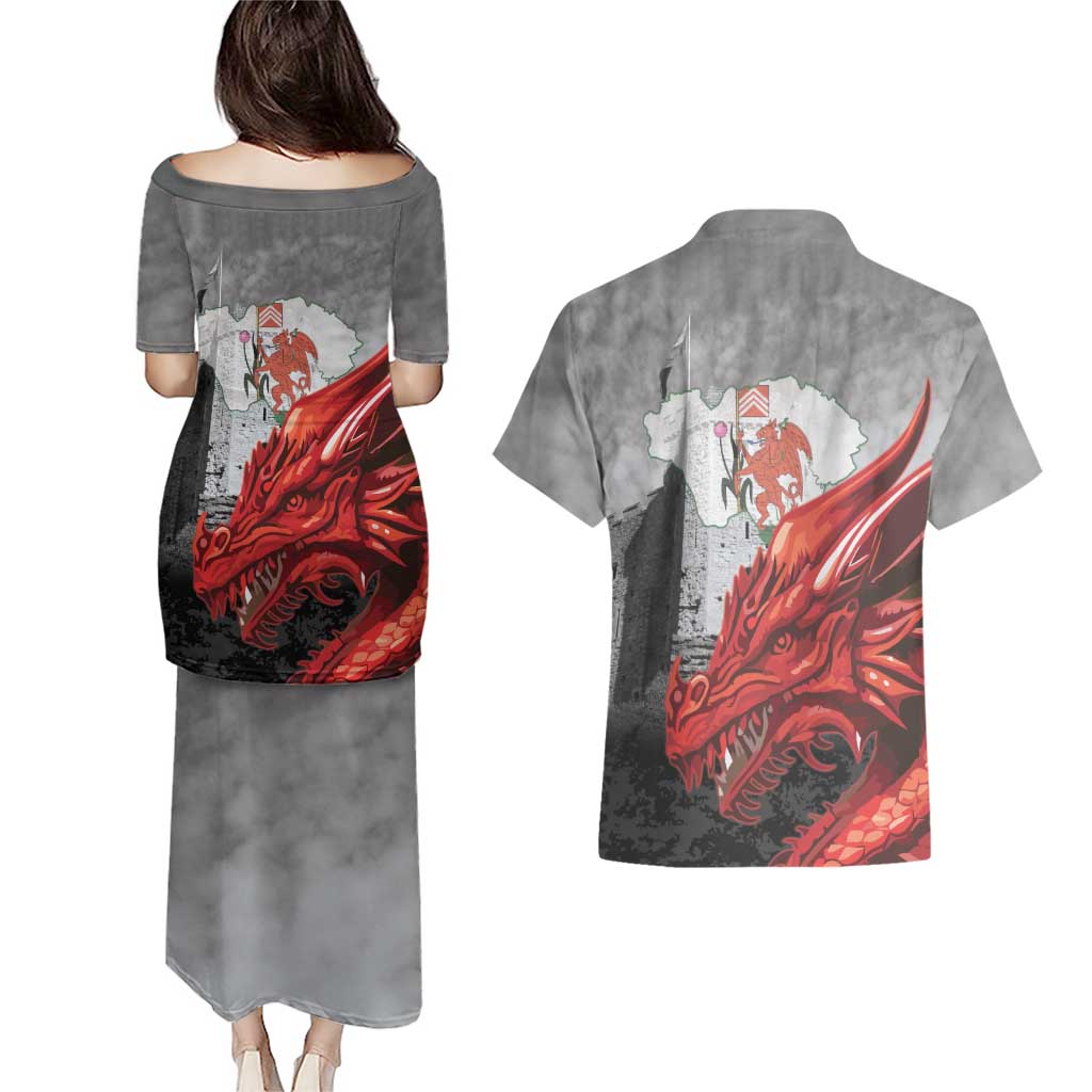 Wales Cardiff Capital Couples Matching Puletasi and Hawaiian Shirt Welsh Red Dragon Castell Caerdydd - Wonder Print Shop