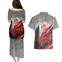 Wales Cardiff Capital Couples Matching Puletasi and Hawaiian Shirt Welsh Red Dragon Castell Caerdydd - Wonder Print Shop