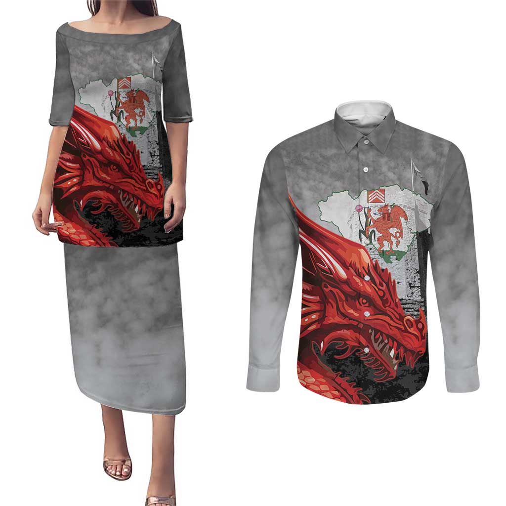 Wales Cardiff Capital Couples Matching Puletasi and Long Sleeve Button Shirt Welsh Red Dragon Castell Caerdydd - Wonder Print Shop