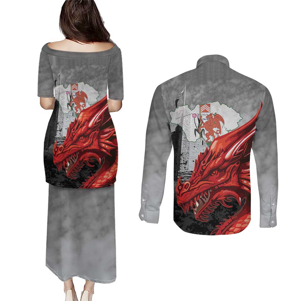 Wales Cardiff Capital Couples Matching Puletasi and Long Sleeve Button Shirt Welsh Red Dragon Castell Caerdydd - Wonder Print Shop