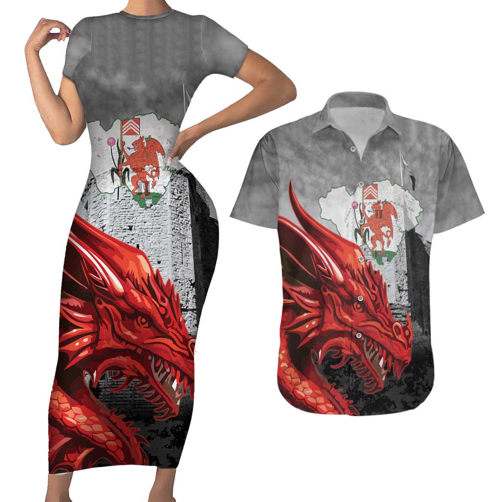 Wales Cardiff Capital Couples Matching Short Sleeve Bodycon Dress and Hawaiian Shirt Welsh Red Dragon Castell Caerdydd - Wonder Print Shop