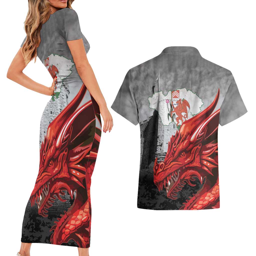 Wales Cardiff Capital Couples Matching Short Sleeve Bodycon Dress and Hawaiian Shirt Welsh Red Dragon Castell Caerdydd - Wonder Print Shop