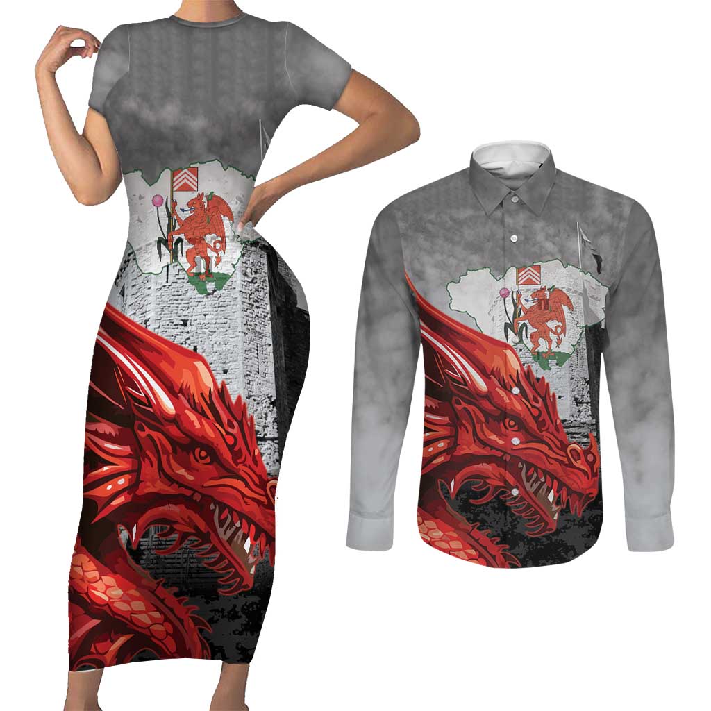 Wales Cardiff Capital Couples Matching Short Sleeve Bodycon Dress and Long Sleeve Button Shirt Welsh Red Dragon Castell Caerdydd - Wonder Print Shop