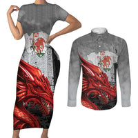 Wales Cardiff Capital Couples Matching Short Sleeve Bodycon Dress and Long Sleeve Button Shirt Welsh Red Dragon Castell Caerdydd - Wonder Print Shop