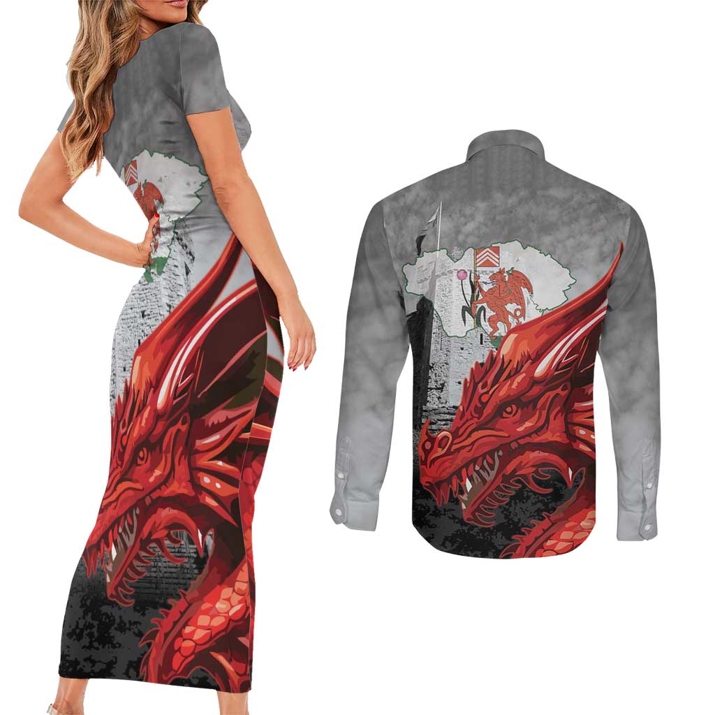 Wales Cardiff Capital Couples Matching Short Sleeve Bodycon Dress and Long Sleeve Button Shirt Welsh Red Dragon Castell Caerdydd - Wonder Print Shop