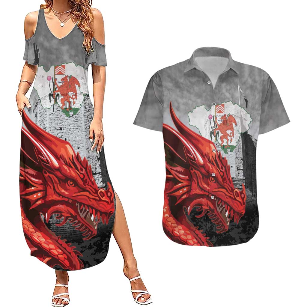 Wales Cardiff Capital Couples Matching Summer Maxi Dress and Hawaiian Shirt Welsh Red Dragon Castell Caerdydd - Wonder Print Shop