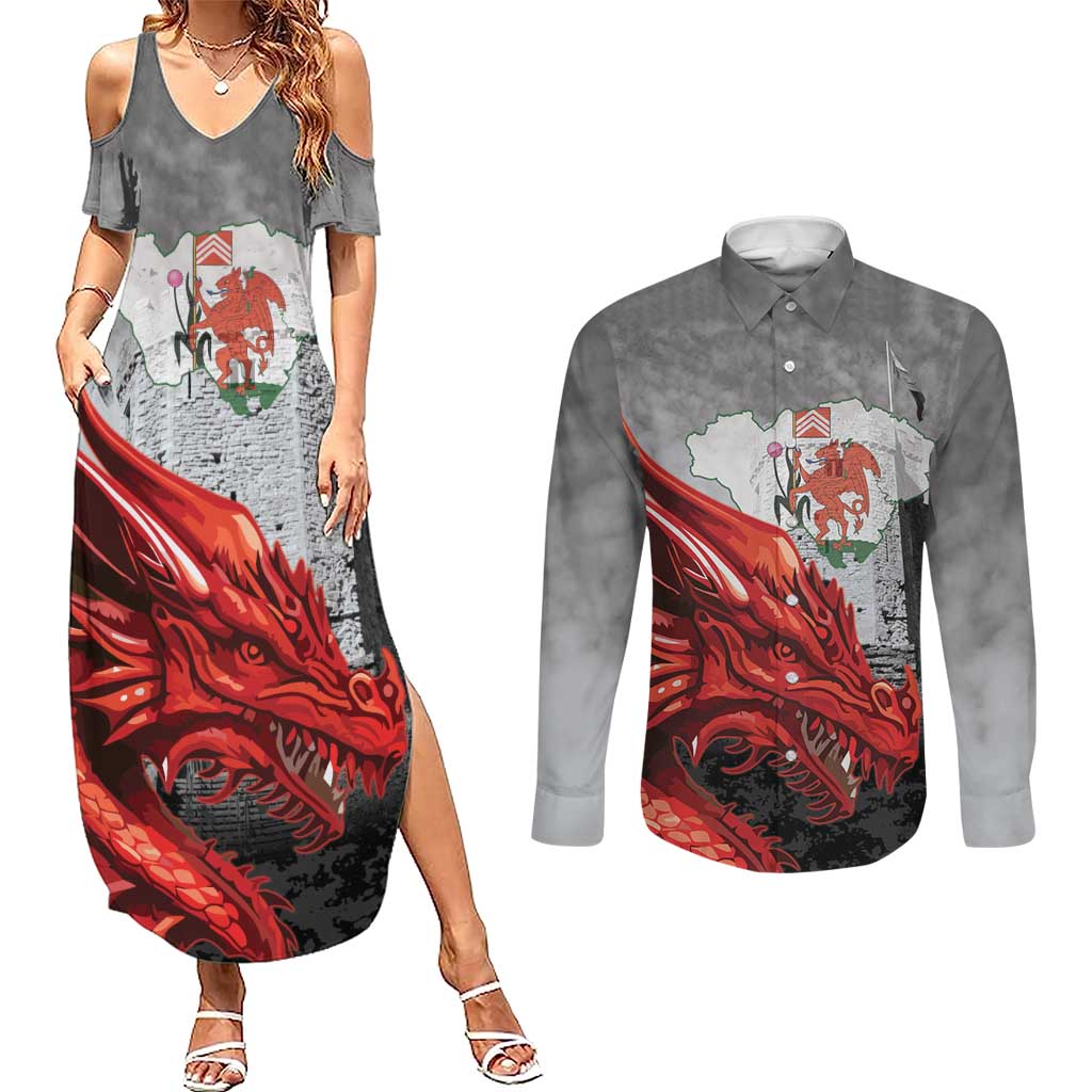 Wales Cardiff Capital Couples Matching Summer Maxi Dress and Long Sleeve Button Shirt Welsh Red Dragon Castell Caerdydd - Wonder Print Shop