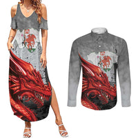 Wales Cardiff Capital Couples Matching Summer Maxi Dress and Long Sleeve Button Shirt Welsh Red Dragon Castell Caerdydd - Wonder Print Shop