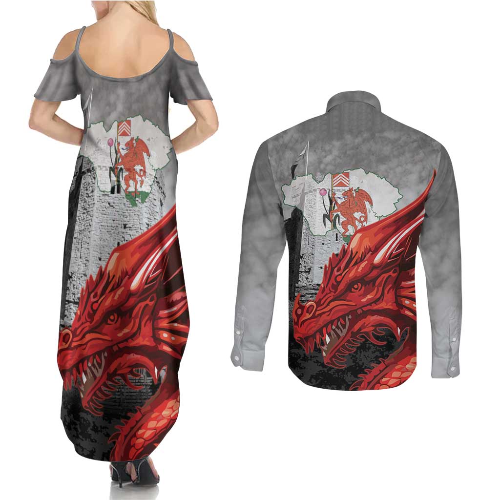 Wales Cardiff Capital Couples Matching Summer Maxi Dress and Long Sleeve Button Shirt Welsh Red Dragon Castell Caerdydd - Wonder Print Shop