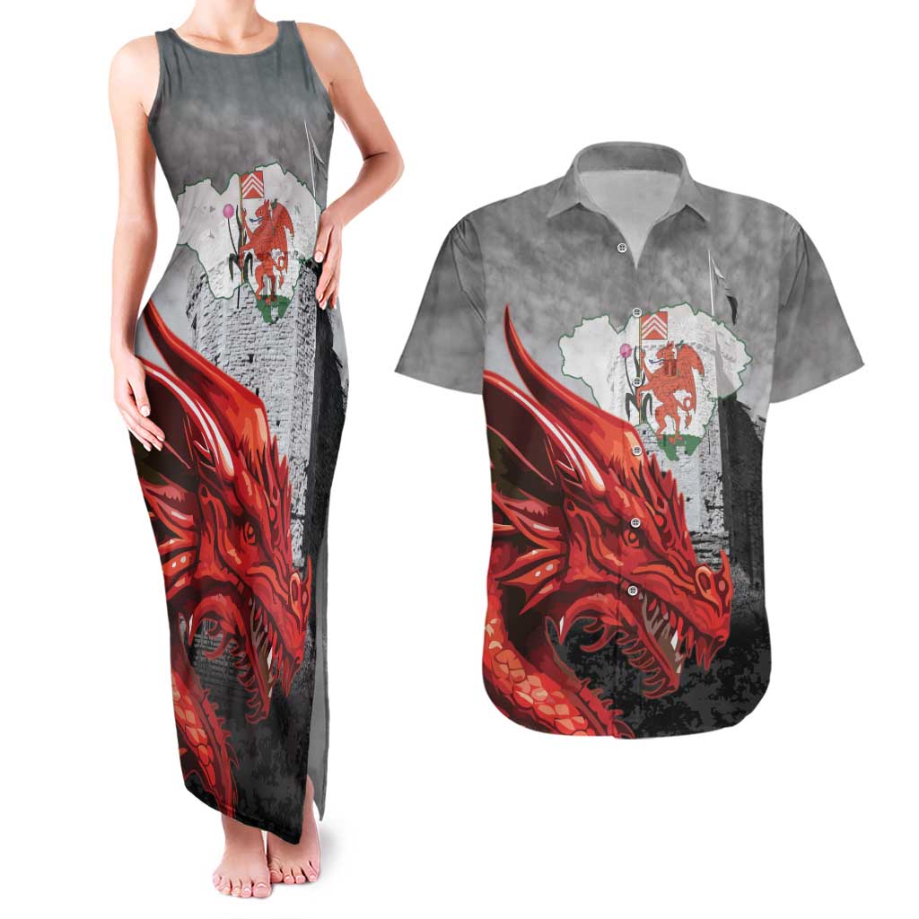Wales Cardiff Capital Couples Matching Tank Maxi Dress and Hawaiian Shirt Welsh Red Dragon Castell Caerdydd - Wonder Print Shop