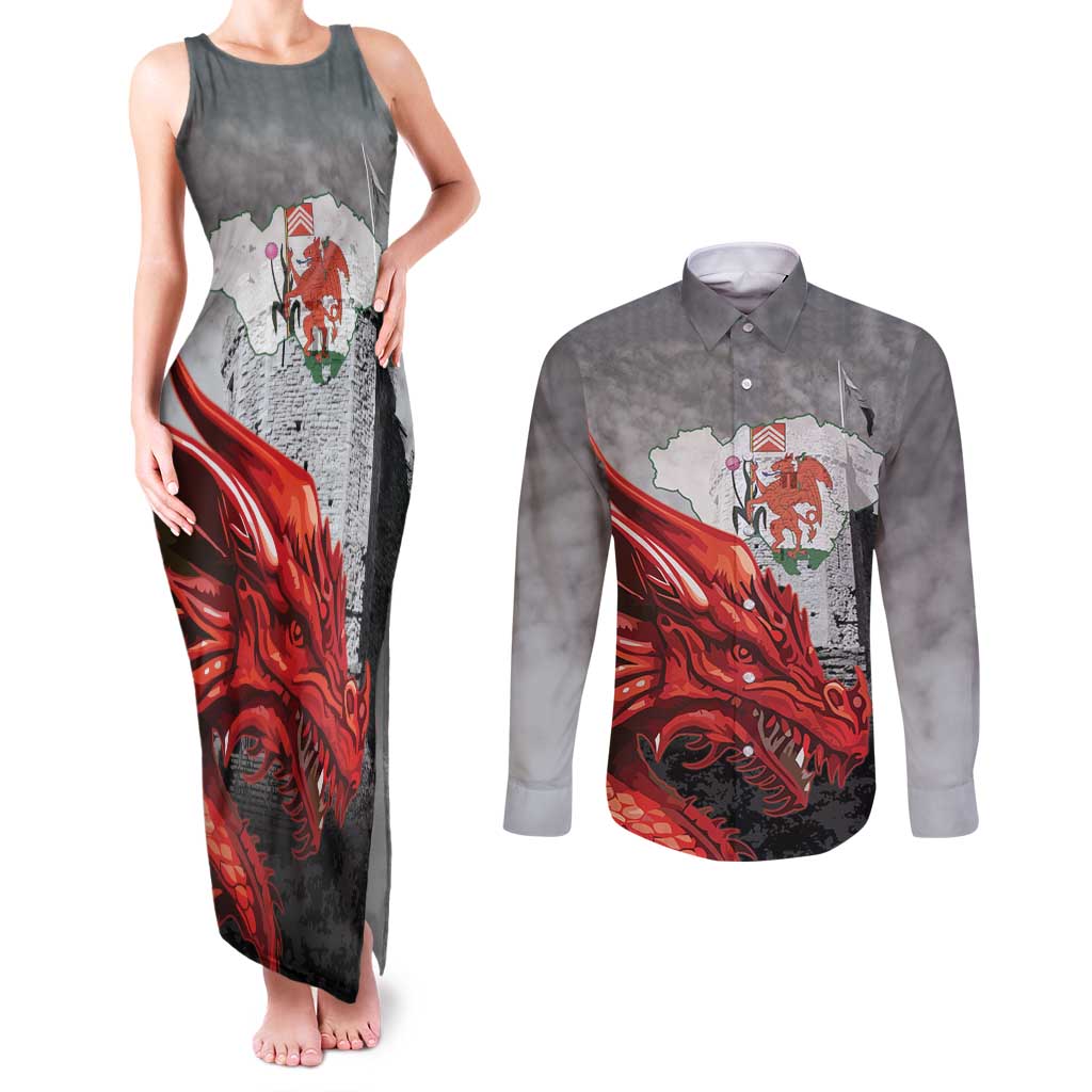 Wales Cardiff Capital Couples Matching Tank Maxi Dress and Long Sleeve Button Shirt Welsh Red Dragon Castell Caerdydd - Wonder Print Shop