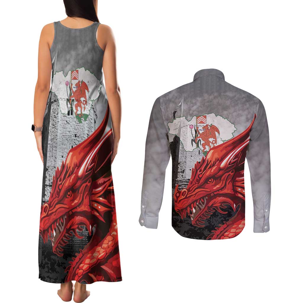 Wales Cardiff Capital Couples Matching Tank Maxi Dress and Long Sleeve Button Shirt Welsh Red Dragon Castell Caerdydd - Wonder Print Shop