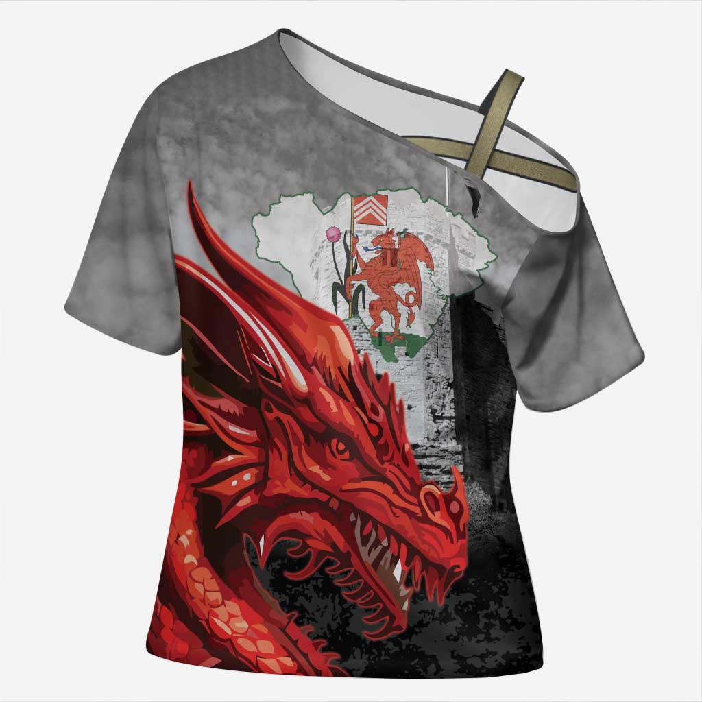 Wales Cardiff Capital Cross Shoulder Shirt Welsh Red Dragon Castell Caerdydd - Wonder Print Shop