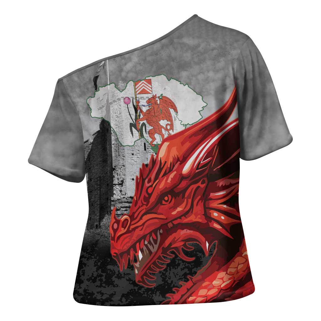 Wales Cardiff Capital Cross Shoulder Shirt Welsh Red Dragon Castell Caerdydd - Wonder Print Shop