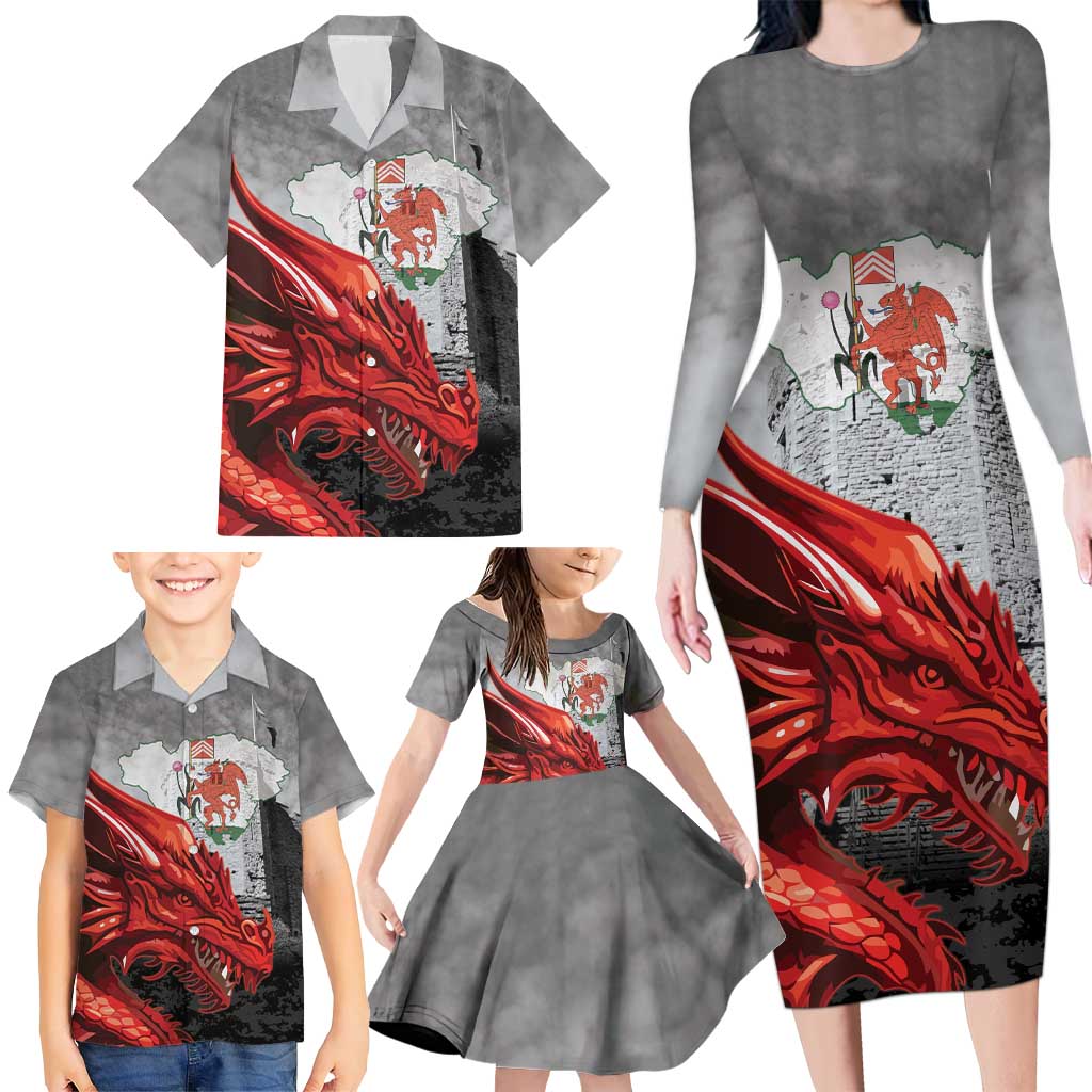 Wales Cardiff Capital Family Matching Long Sleeve Bodycon Dress and Hawaiian Shirt Welsh Red Dragon Castell Caerdydd - Wonder Print Shop