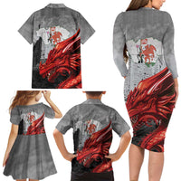 Wales Cardiff Capital Family Matching Long Sleeve Bodycon Dress and Hawaiian Shirt Welsh Red Dragon Castell Caerdydd - Wonder Print Shop