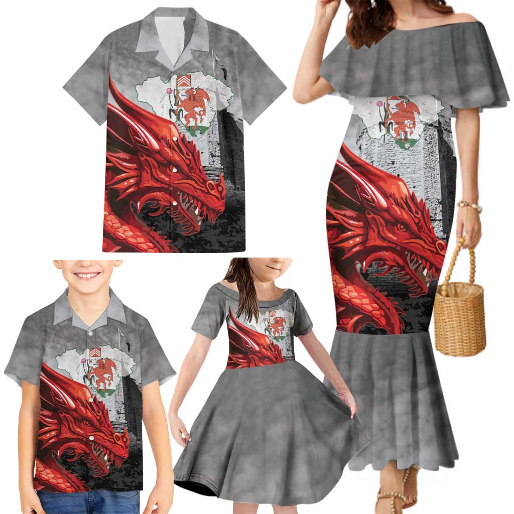 Wales Cardiff Capital Family Matching Mermaid Dress and Hawaiian Shirt Welsh Red Dragon Castell Caerdydd - Wonder Print Shop