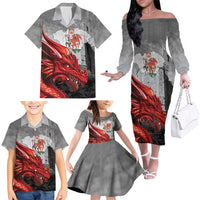 Wales Cardiff Capital Family Matching Off The Shoulder Long Sleeve Dress and Hawaiian Shirt Welsh Red Dragon Castell Caerdydd - Wonder Print Shop