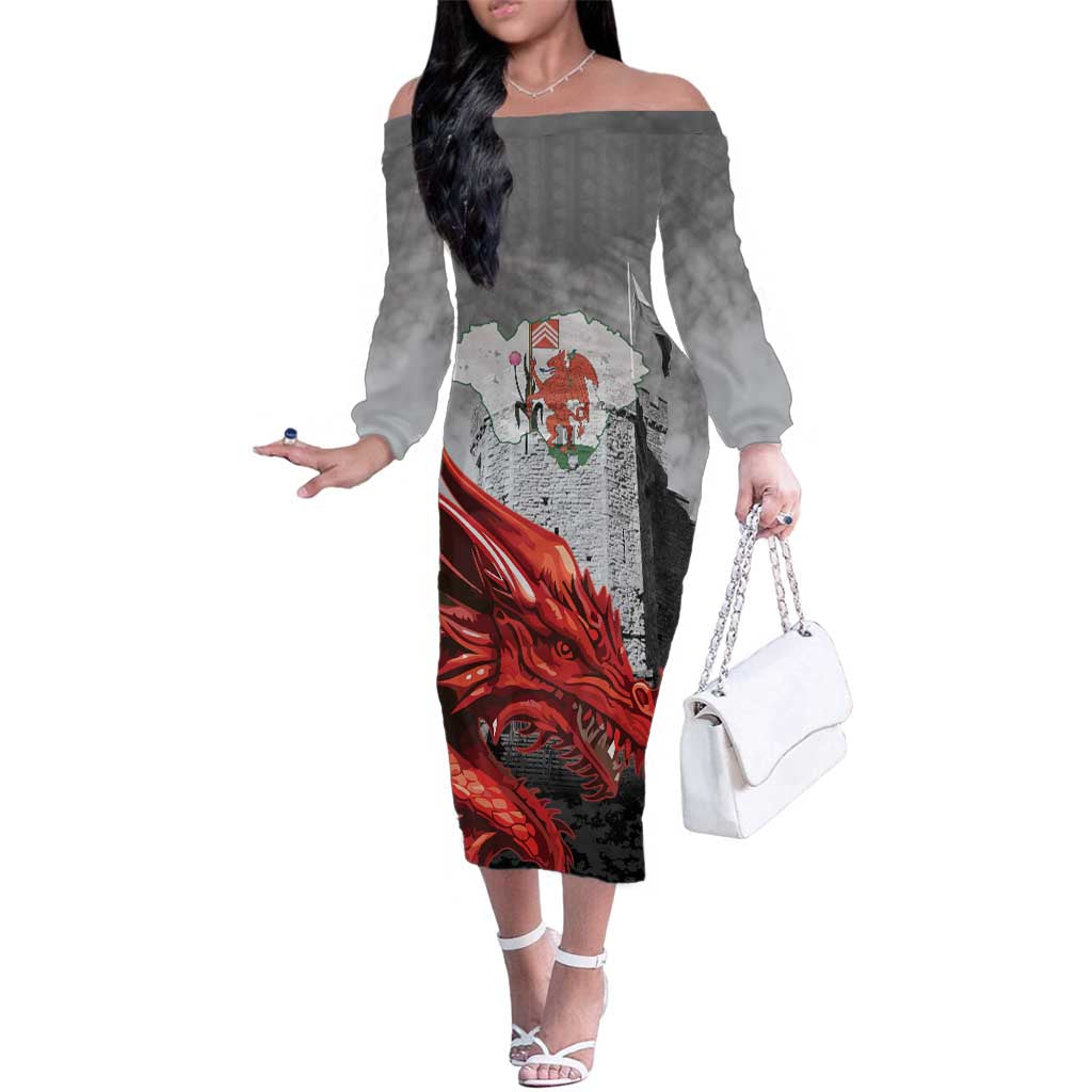 Wales Cardiff Capital Family Matching Off The Shoulder Long Sleeve Dress and Hawaiian Shirt Welsh Red Dragon Castell Caerdydd - Wonder Print Shop