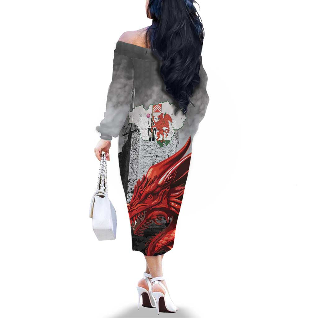 Wales Cardiff Capital Family Matching Off The Shoulder Long Sleeve Dress and Hawaiian Shirt Welsh Red Dragon Castell Caerdydd - Wonder Print Shop