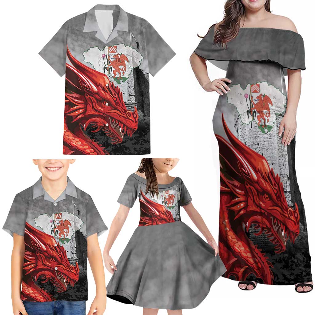 Wales Cardiff Capital Family Matching Off Shoulder Maxi Dress and Hawaiian Shirt Welsh Red Dragon Castell Caerdydd - Wonder Print Shop