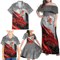 Wales Cardiff Capital Family Matching Off Shoulder Maxi Dress and Hawaiian Shirt Welsh Red Dragon Castell Caerdydd - Wonder Print Shop