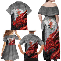 Wales Cardiff Capital Family Matching Off Shoulder Maxi Dress and Hawaiian Shirt Welsh Red Dragon Castell Caerdydd - Wonder Print Shop