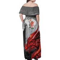 Wales Cardiff Capital Family Matching Off Shoulder Maxi Dress and Hawaiian Shirt Welsh Red Dragon Castell Caerdydd - Wonder Print Shop