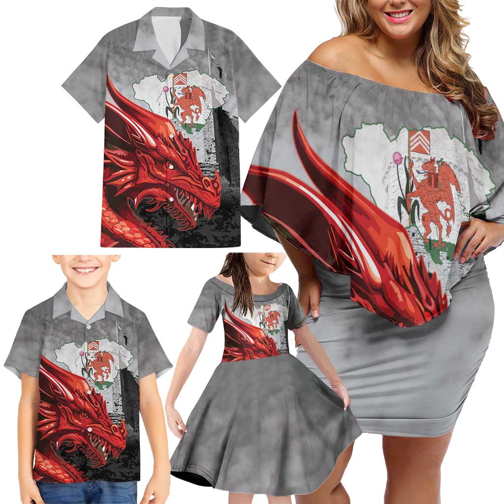 Wales Cardiff Capital Family Matching Off Shoulder Short Dress and Hawaiian Shirt Welsh Red Dragon Castell Caerdydd - Wonder Print Shop