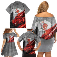 Wales Cardiff Capital Family Matching Off Shoulder Short Dress and Hawaiian Shirt Welsh Red Dragon Castell Caerdydd - Wonder Print Shop