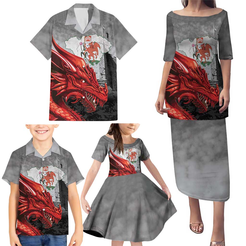 Wales Cardiff Capital Family Matching Puletasi and Hawaiian Shirt Welsh Red Dragon Castell Caerdydd - Wonder Print Shop
