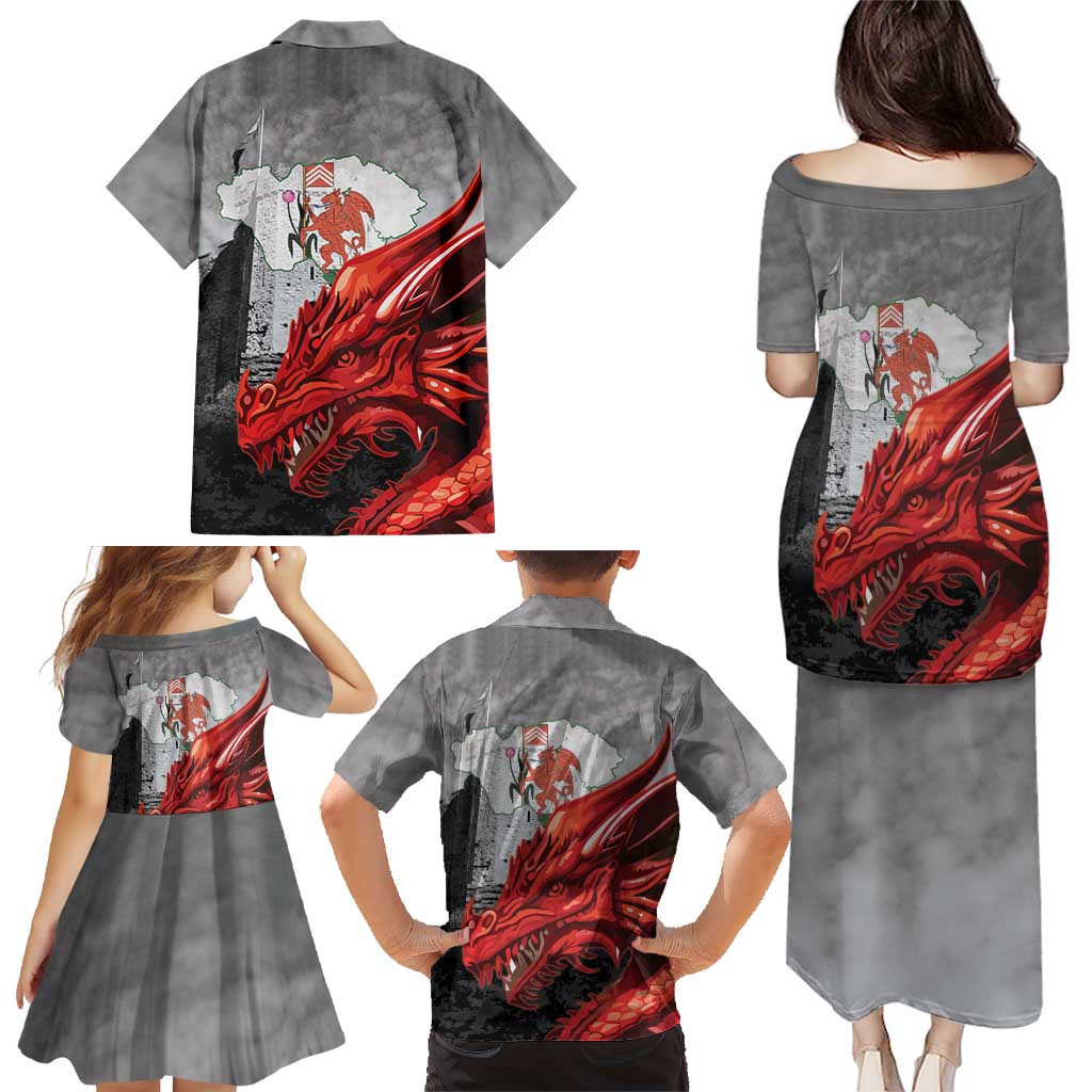 Wales Cardiff Capital Family Matching Puletasi and Hawaiian Shirt Welsh Red Dragon Castell Caerdydd - Wonder Print Shop
