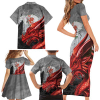 Wales Cardiff Capital Family Matching Short Sleeve Bodycon Dress and Hawaiian Shirt Welsh Red Dragon Castell Caerdydd - Wonder Print Shop