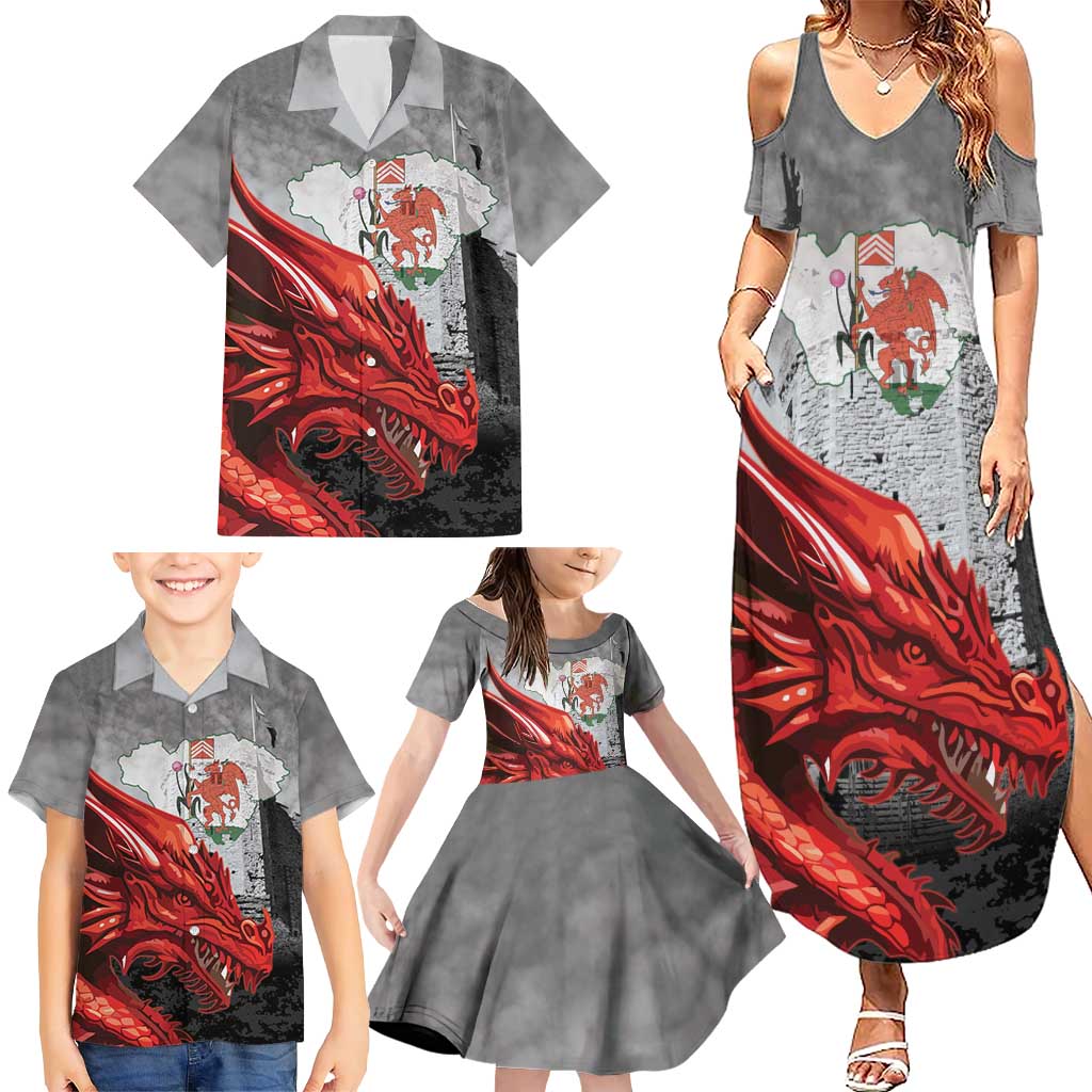 Wales Cardiff Capital Family Matching Summer Maxi Dress and Hawaiian Shirt Welsh Red Dragon Castell Caerdydd - Wonder Print Shop