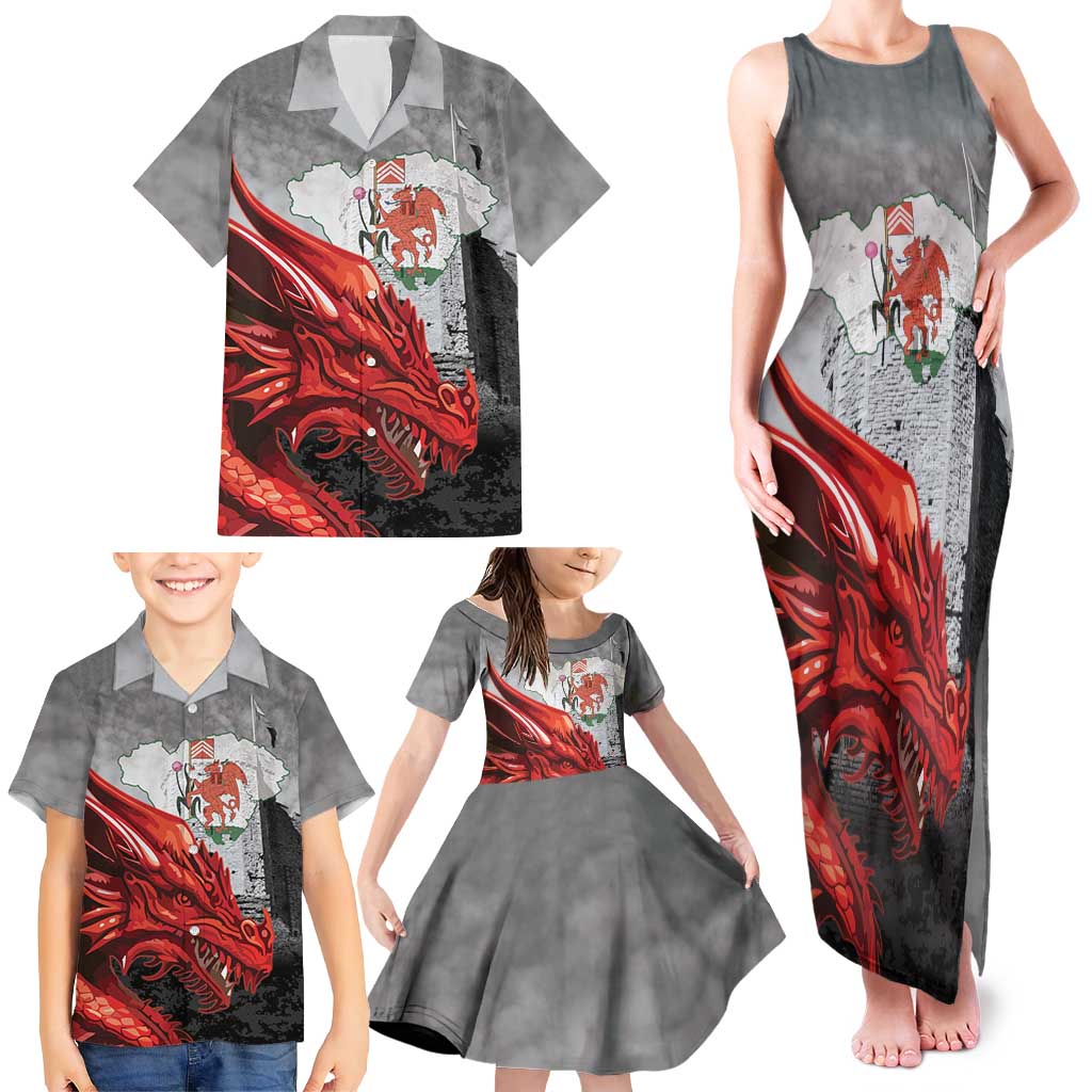 Wales Cardiff Capital Family Matching Tank Maxi Dress and Hawaiian Shirt Welsh Red Dragon Castell Caerdydd - Wonder Print Shop