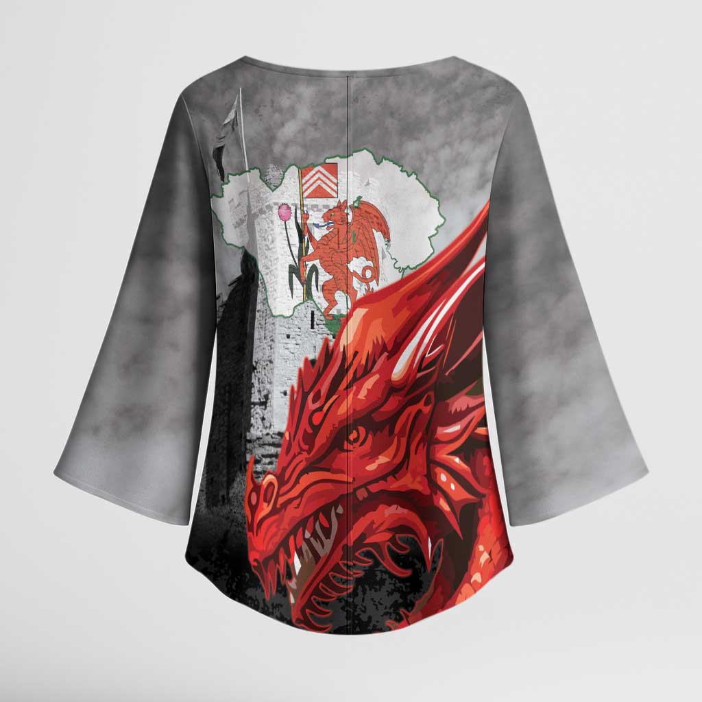 Wales Cardiff Capital Kimono Sleeve Blouse Welsh Red Dragon Castell Caerdydd - Wonder Print Shop