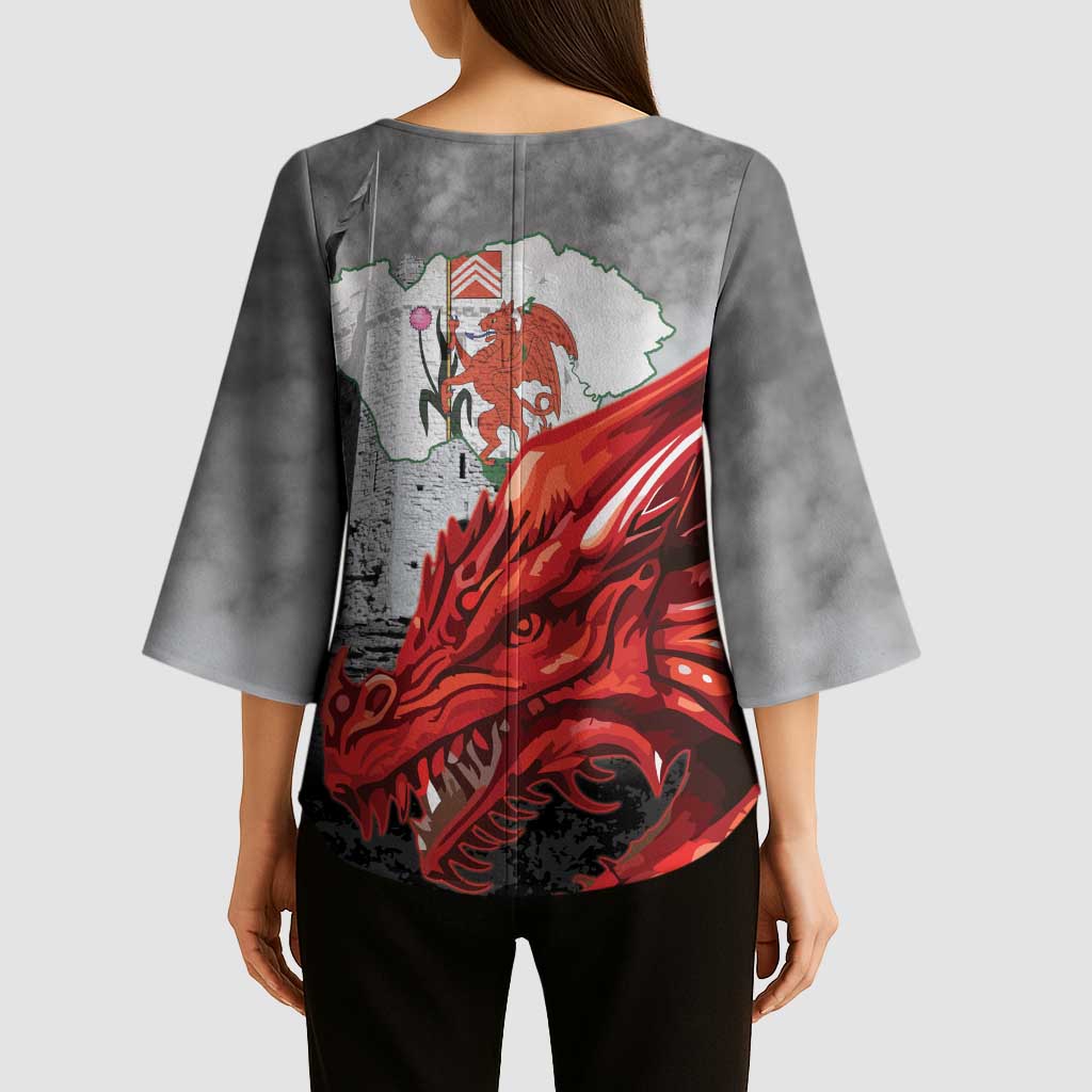 Wales Cardiff Capital Kimono Sleeve Blouse Welsh Red Dragon Castell Caerdydd - Wonder Print Shop