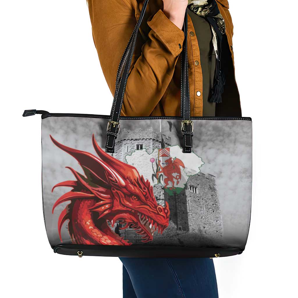 Wales Cardiff Capital Leather Tote Bag Welsh Red Dragon Castell Caerdydd - Wonder Print Shop