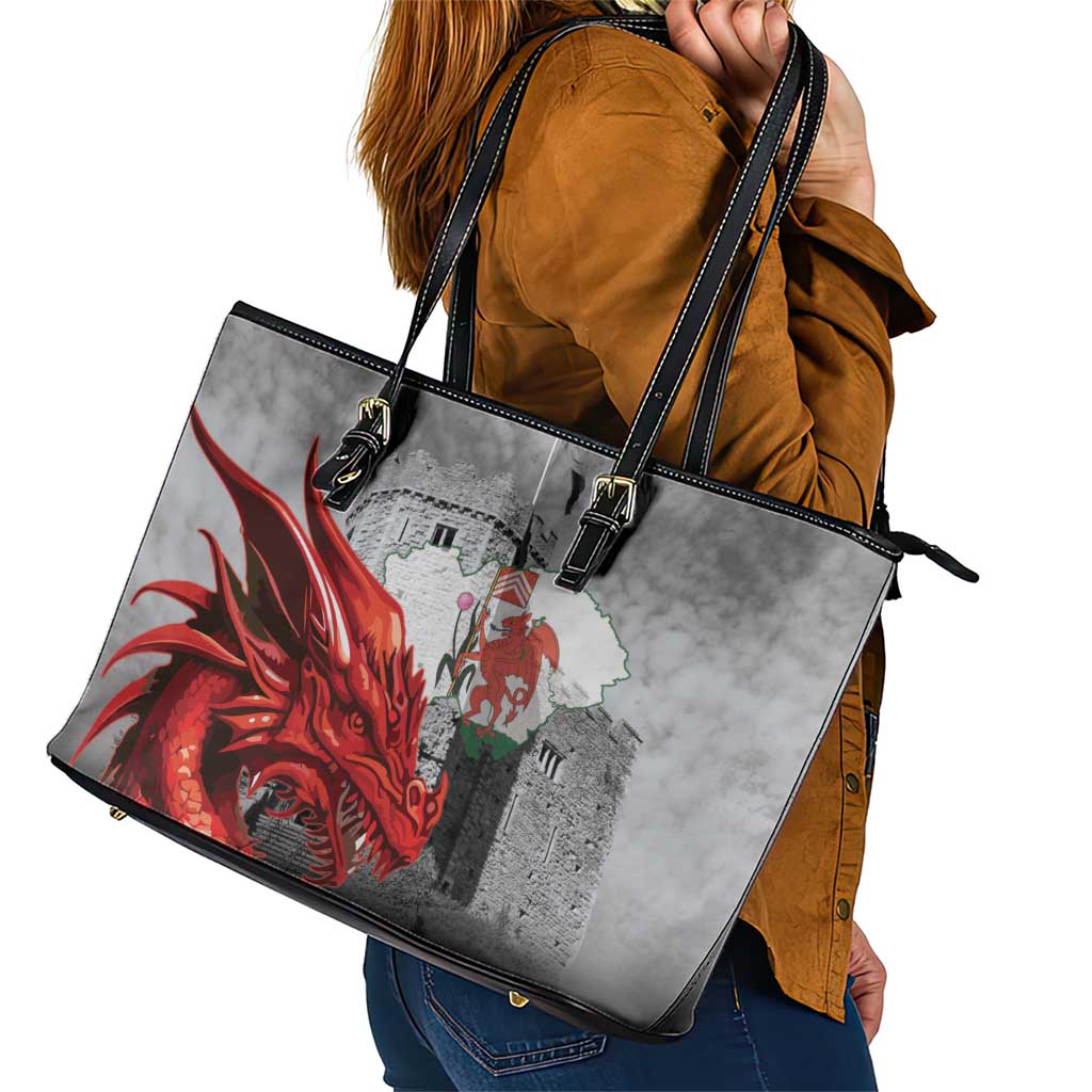Wales Cardiff Capital Leather Tote Bag Welsh Red Dragon Castell Caerdydd - Wonder Print Shop