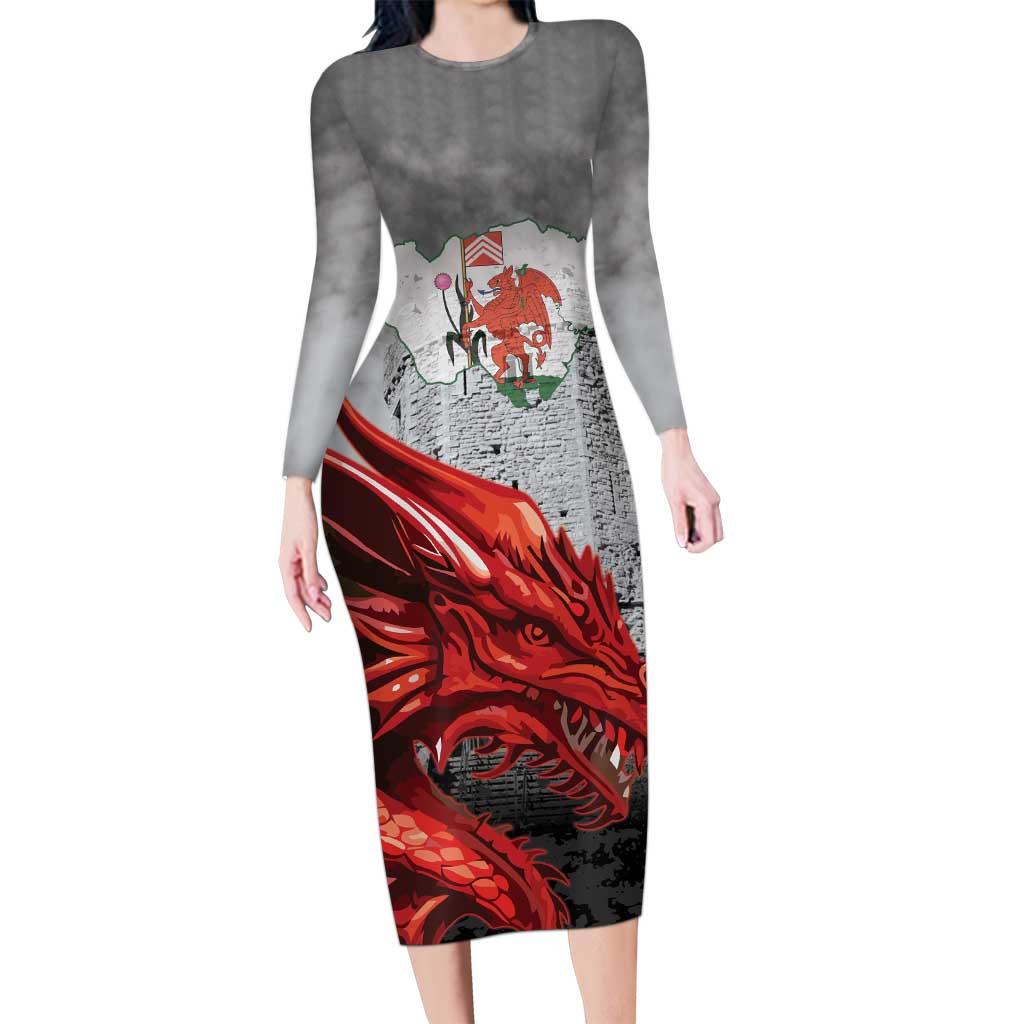 Wales Cardiff Capital Long Sleeve Bodycon Dress Welsh Red Dragon Castell Caerdydd - Wonder Print Shop