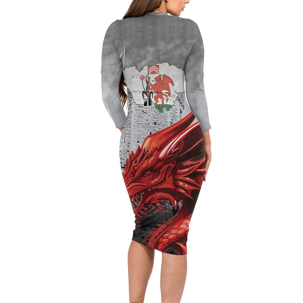Wales Cardiff Capital Long Sleeve Bodycon Dress Welsh Red Dragon Castell Caerdydd - Wonder Print Shop