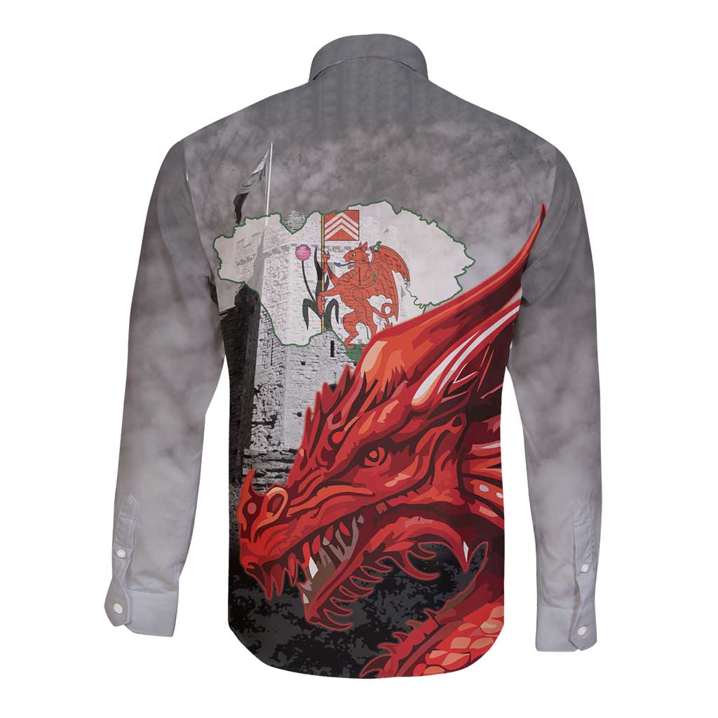 Wales Cardiff Capital Long Sleeve Button Shirt Welsh Red Dragon Castell Caerdydd - Wonder Print Shop
