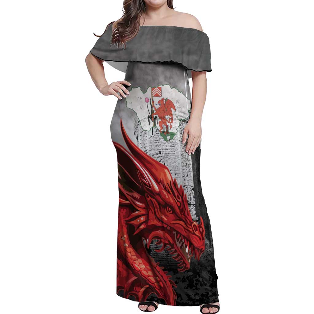 Wales Cardiff Capital Off Shoulder Maxi Dress Welsh Red Dragon Castell Caerdydd - Wonder Print Shop