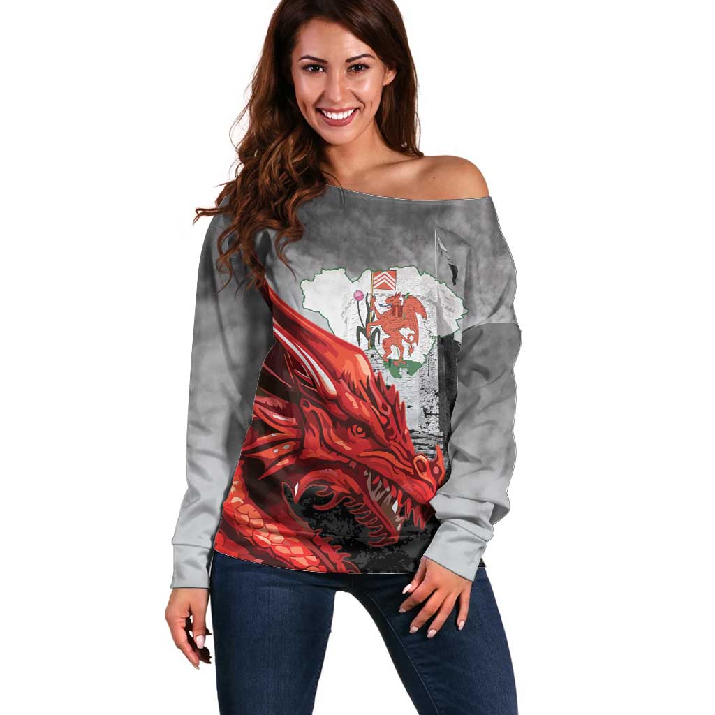 Wales Cardiff Capital Off Shoulder Sweater Welsh Red Dragon Castell Caerdydd - Wonder Print Shop